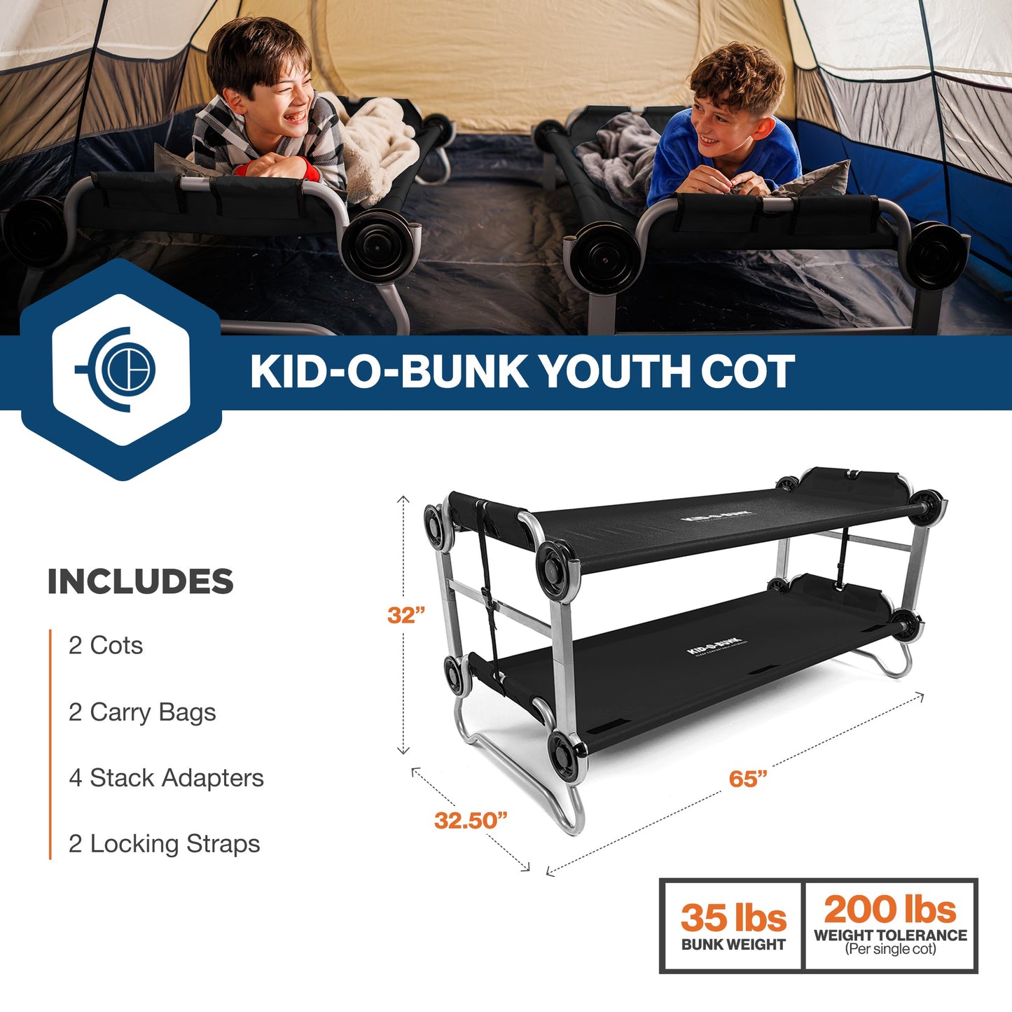 Disc-O-Bed Youth Double Cot Kid-O-Bunk w/ 200 Pound Capacity, Black - 419285