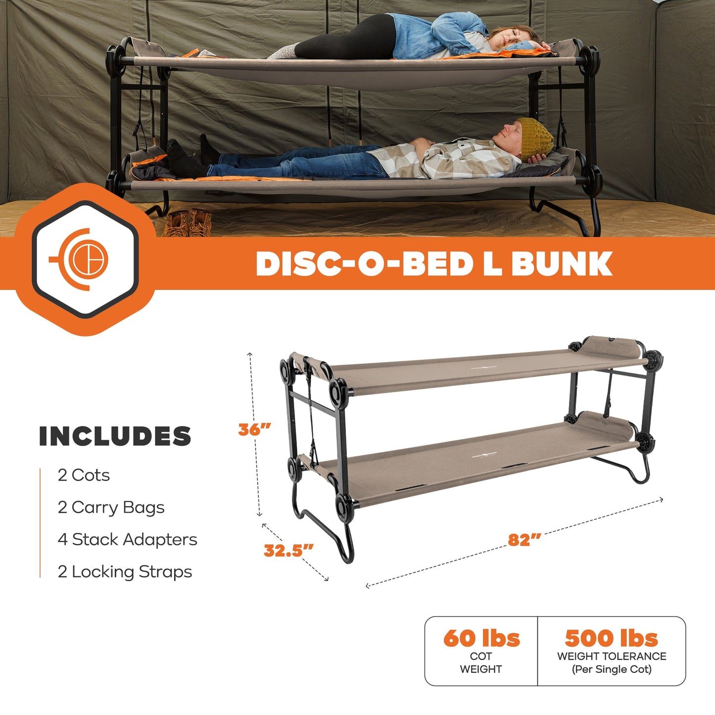 Disc-O-Bed Outdoor Convertible 2 Person Portable Camping Bunk Cots - 419678