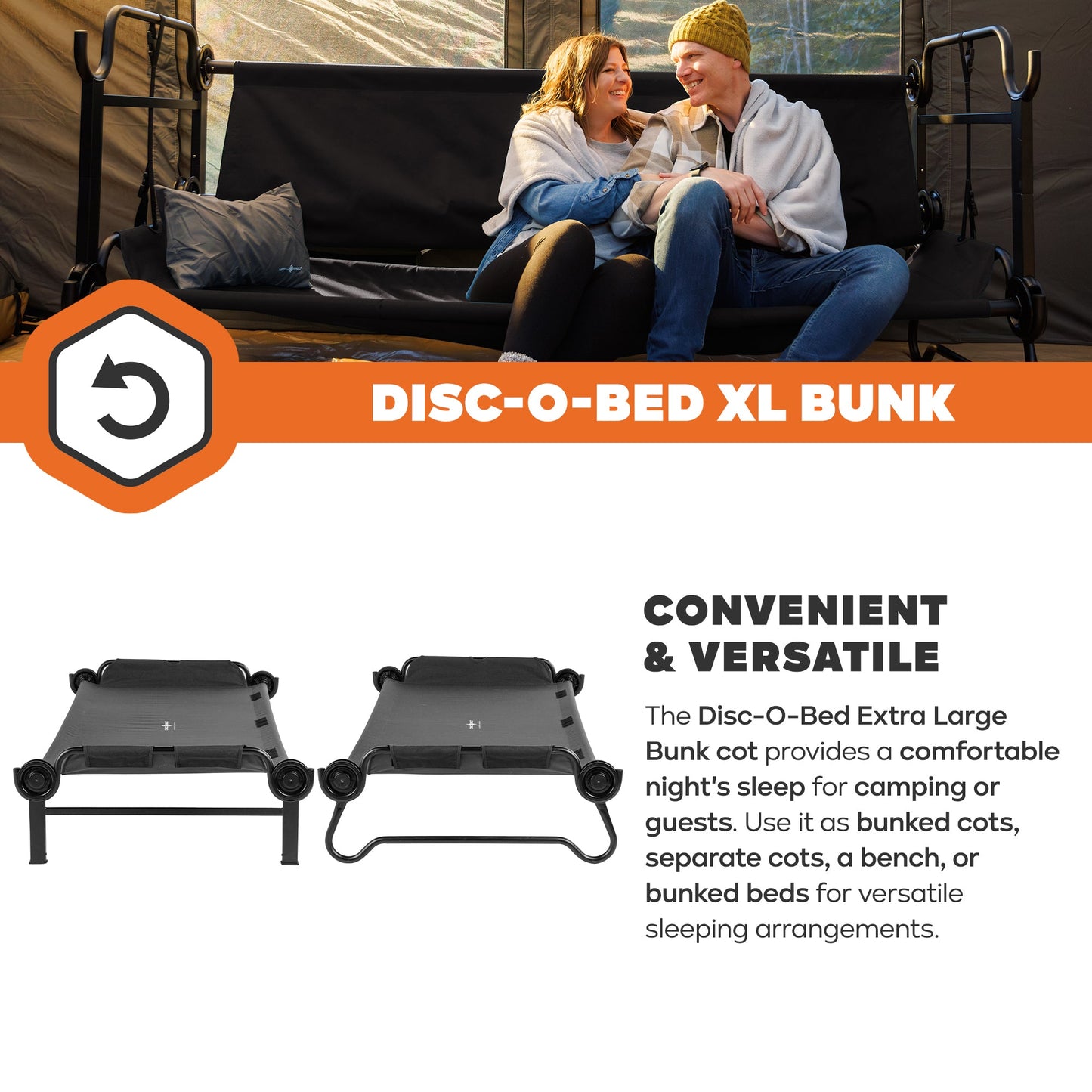 Disc-O-Bed Extra Large Outdoor Convertible 2 Person Portable Camping Cots, Black - 413481