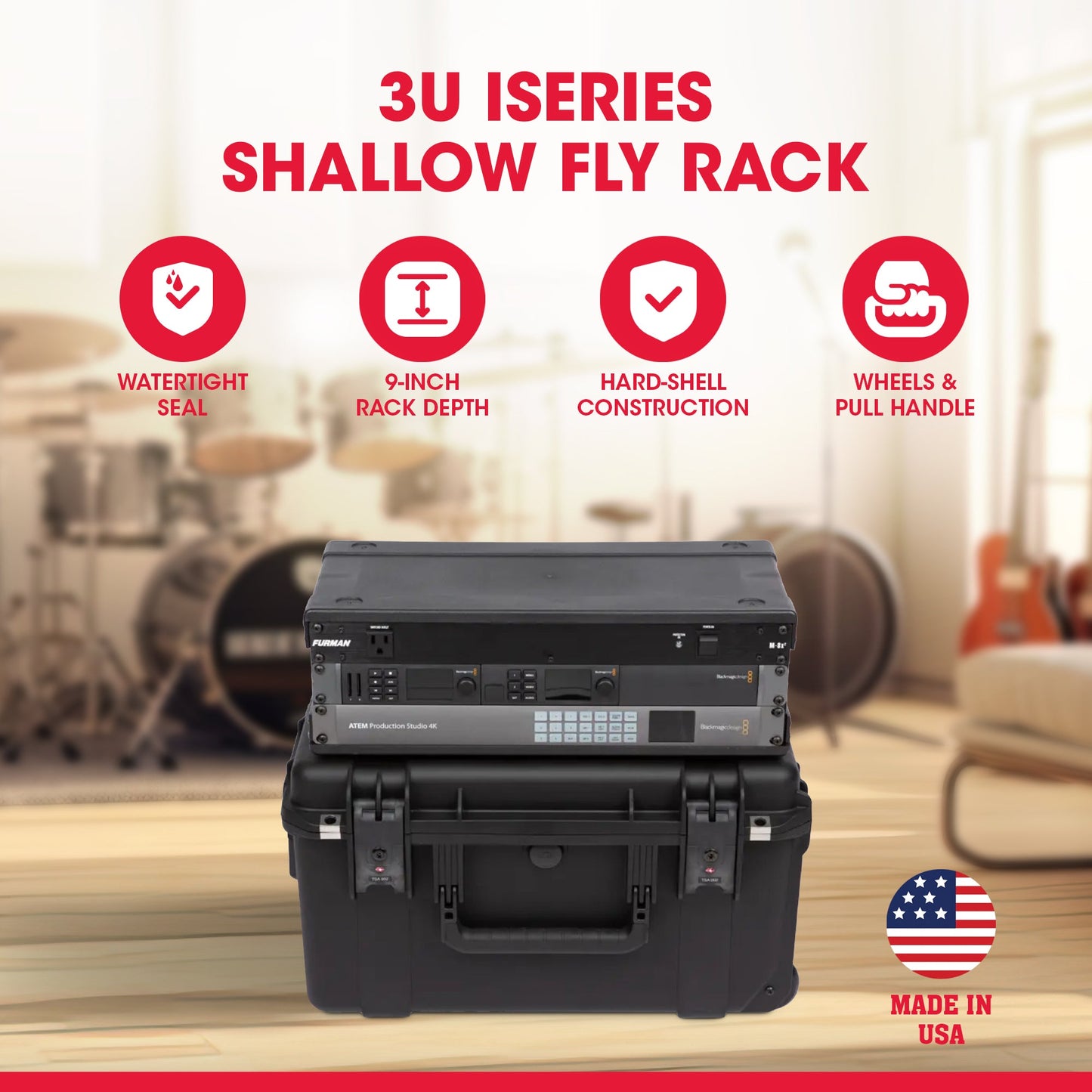 SKB iSeries 3U Shallow Fly Rack, Waterproof Polypropylene Hard Case (Open Box) - 425084