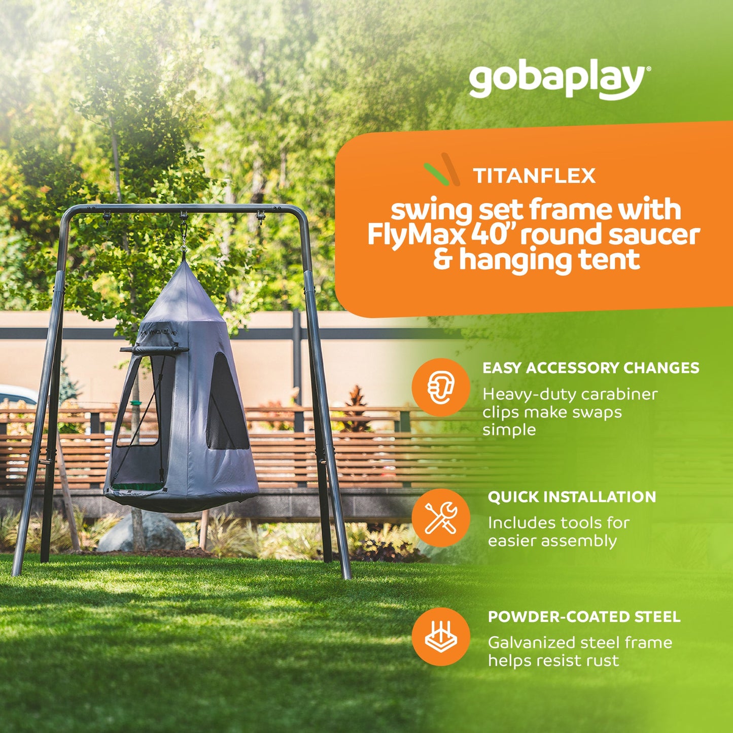 gobaplay Single Swing Set Frame with FlyMax 40" Round Saucer and Hanging Tent - 431495