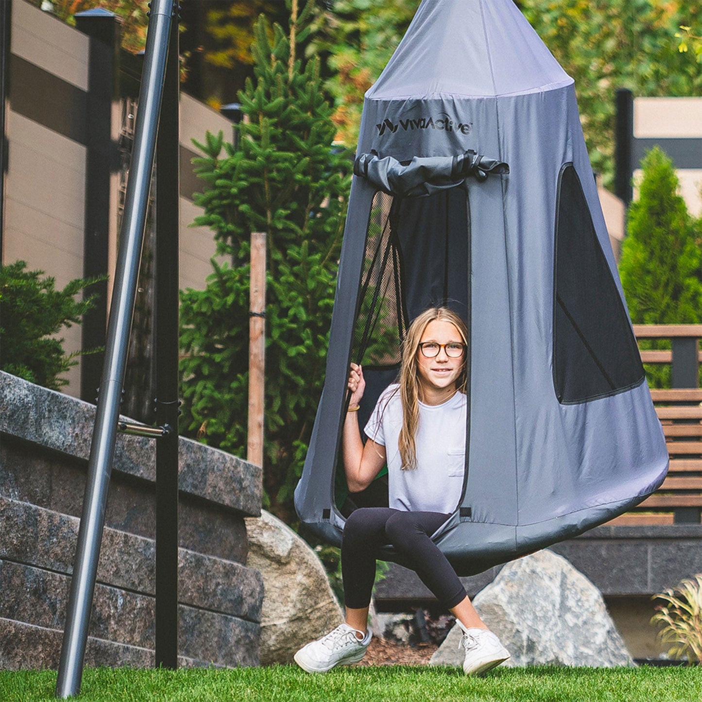 gobaplay Single Swing Set Frame with FlyMax 40" Round Saucer and Hanging Tent - 431495