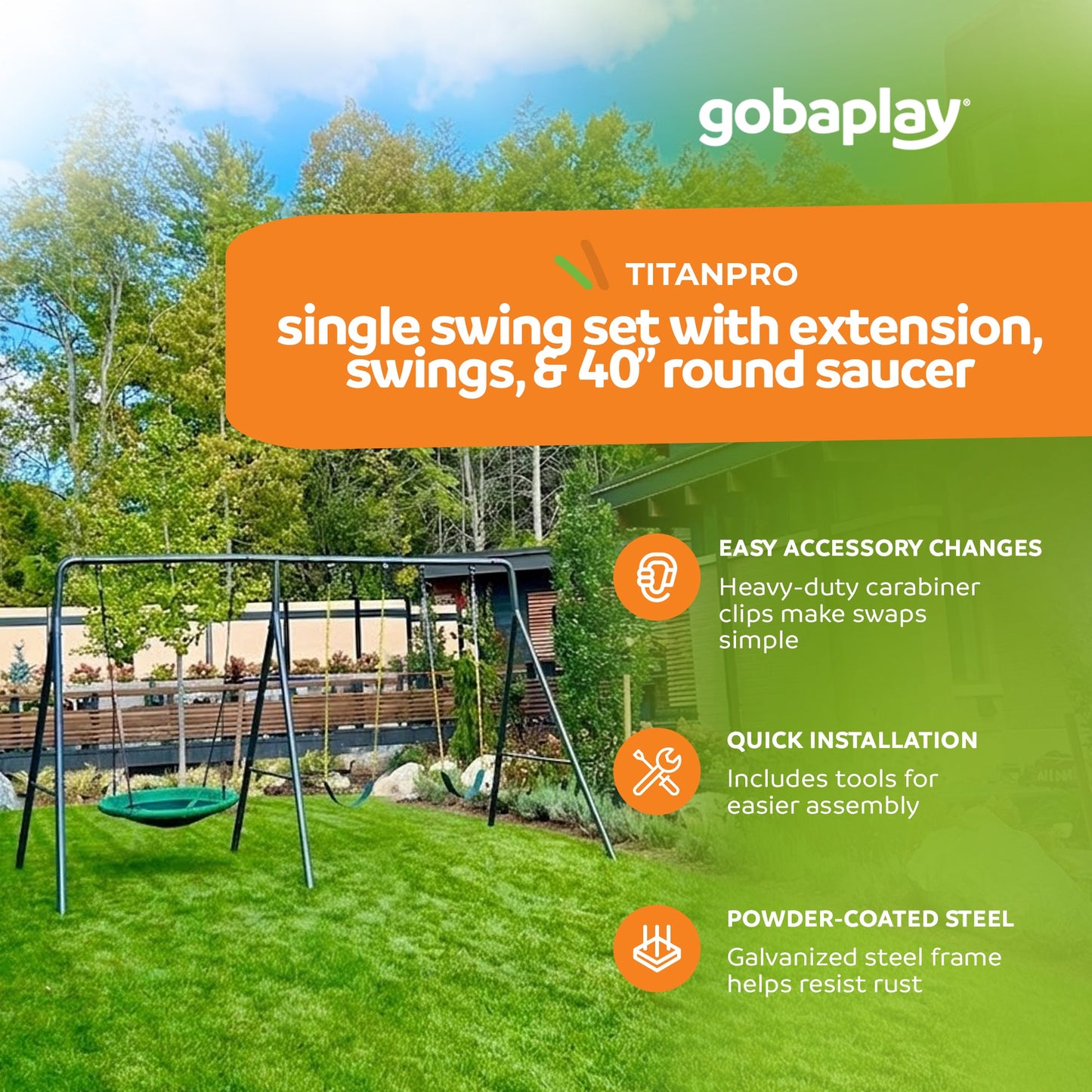 gobaplay Single Swing Set with 6' Frame Extension, Swings, and 40" Round Saucer - 431497