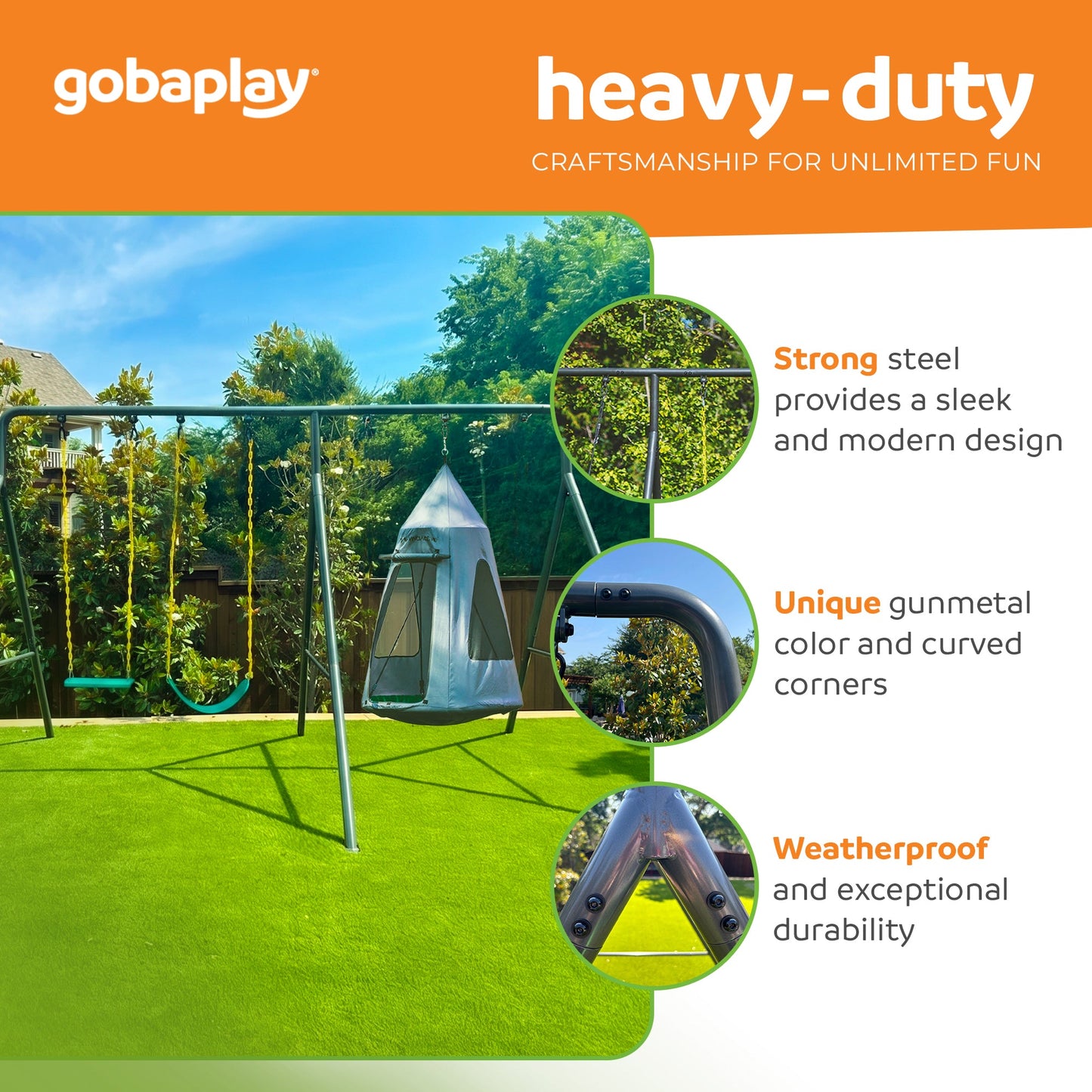 gobaplay Swing Set with 6' Frame Extension, Swings, 40" Saucer, & Hanging Tent - 431504