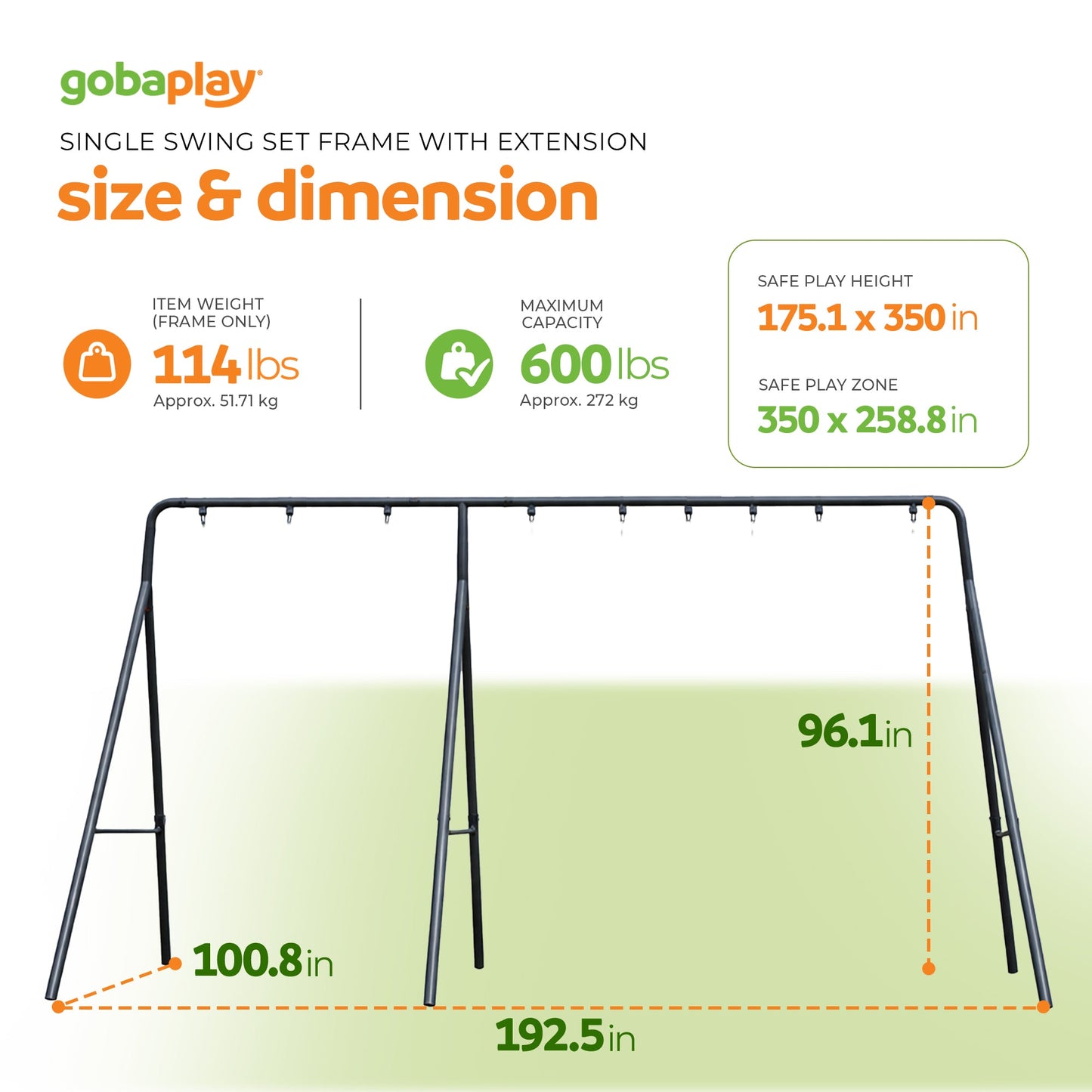 gobaplay Single Swing Set with 8' Frame Extension, Swings, and 40" Round Saucer - 431505