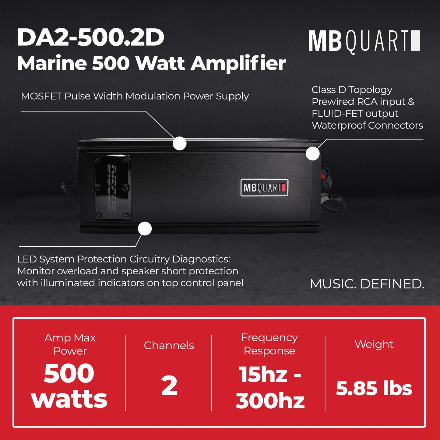 MB Quart Discus 2 Channel Marine Amplifier with Top Mounted Controls, 500 Watts - 431770