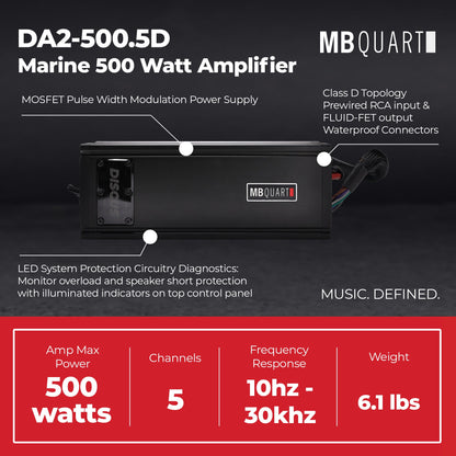 MB Quart Discus 5 Channel Marine Amplifier with Top Mounted Controls, 500 Watts - 431771