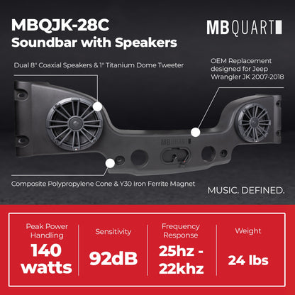 MB Quart Rear Overhead Soundbar For 07-18 Jeep Wrangler JK, Dual 8" Speakers - 431777