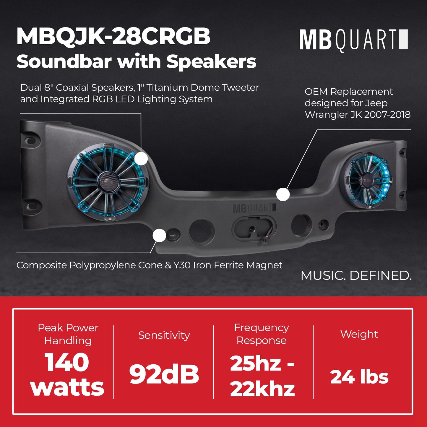 MB Quart Dual 8" Coaxial Speakers for 2007-2018 Jeep Wrangler JK, 140W Power - 431778