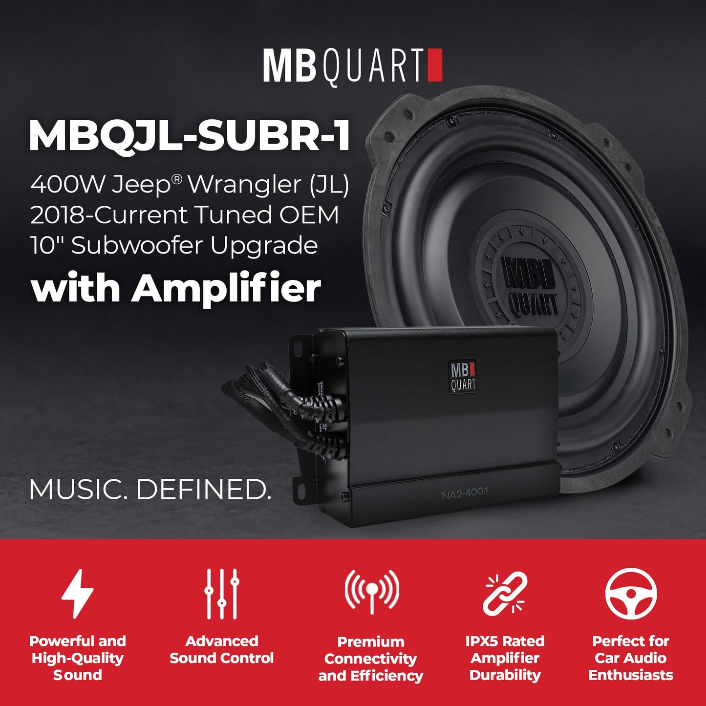 MB Quart 10" Subwoofer Upgrade for 2018-Current Jeep Wrangler JL, 400W Amplifier - 431780