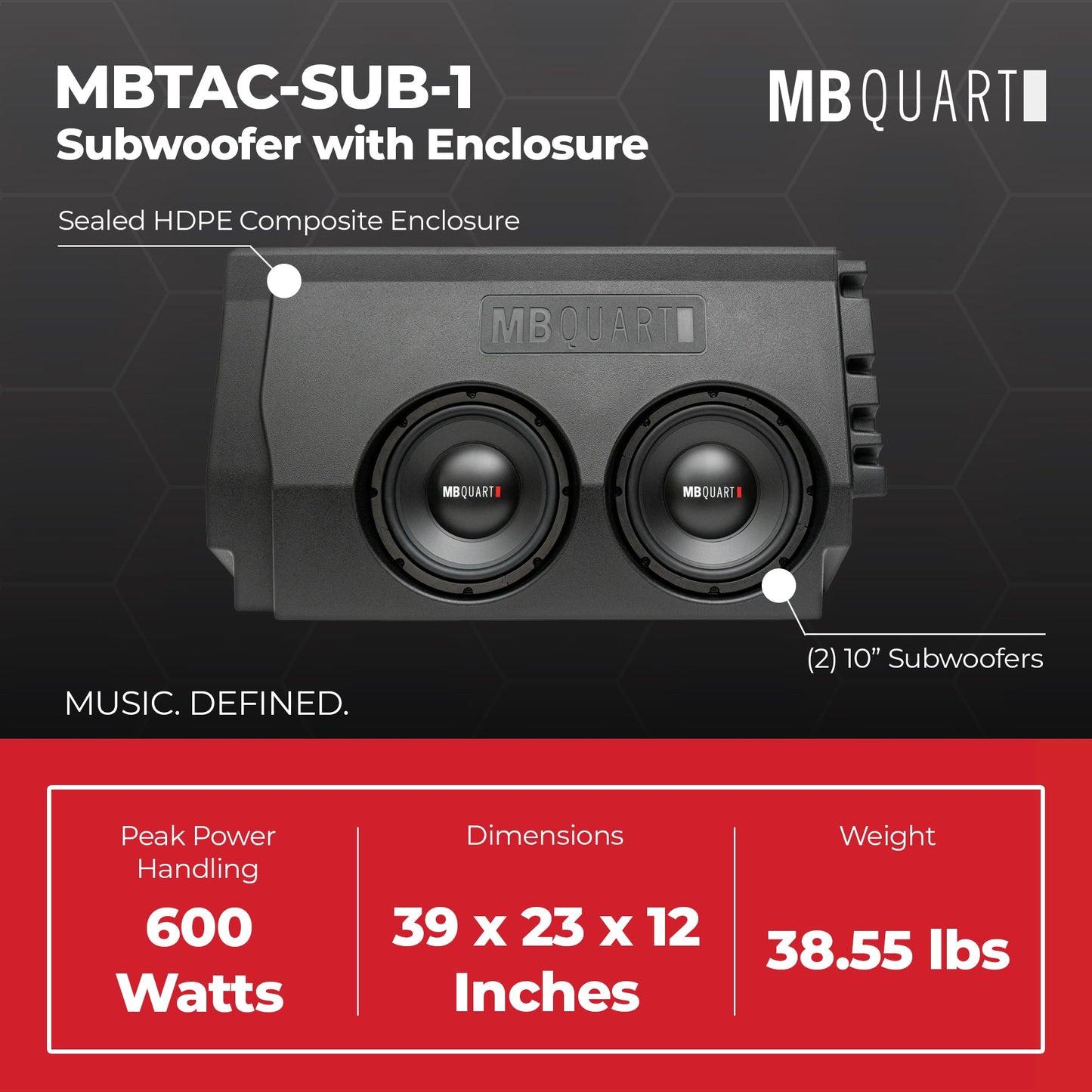 MB Quart Dual 10" Subwoofer Upgrade with Enclosure for 2016-2023 Toyota Tacoma - 431785