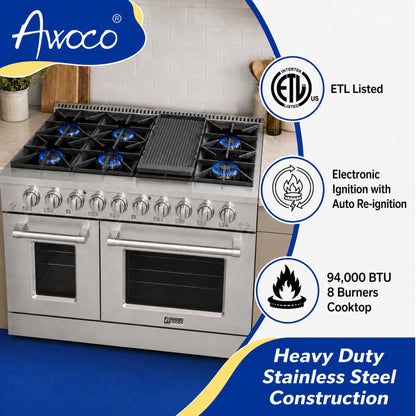 Awoco 48" 6.7 cu. ft. Stainless Steel Freestanding Gas Range - JK48A1-T-NG