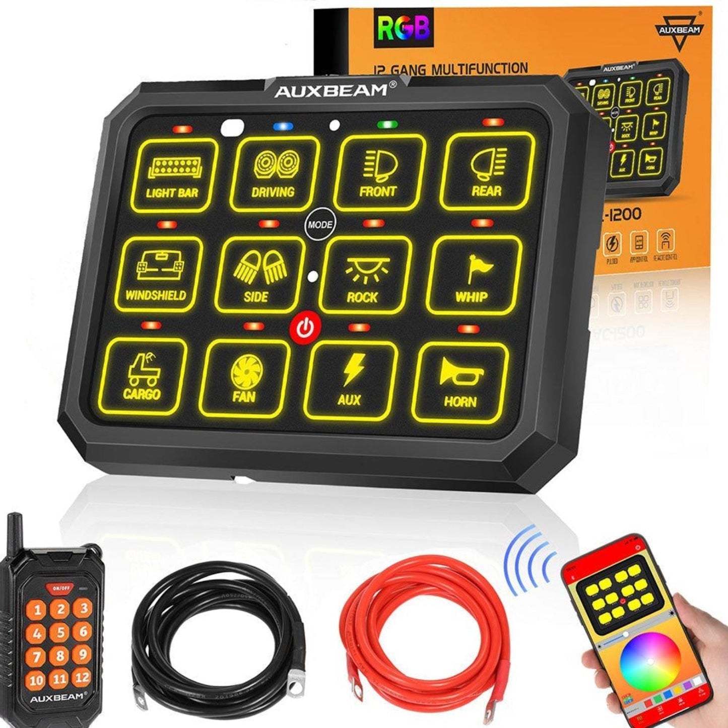 Auxbeam AC-1200 RGB Switch Panel with APP&Remote Control, Toggle/ Momentary/ Pulsed Mode Supported(One-Sided Outlet) - QP010273