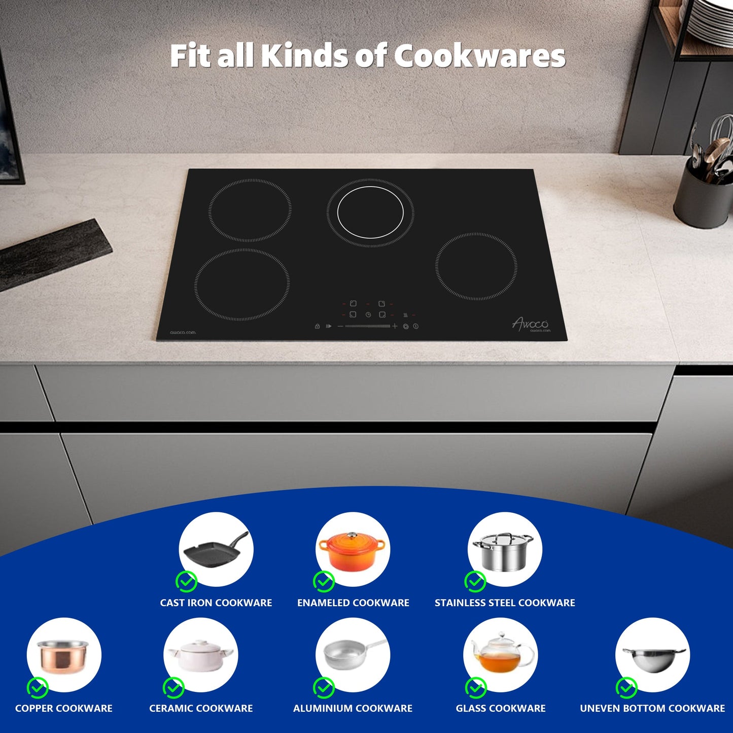 Awoco Ceramic Cooktop, Electric Stove with Burners with hard wire, 9 Power Levels Digital Timer Child Lock, Residual Heat Indicator, Automatic Shut-Off Easy Clean Touch Panel, 220-240V - CT-4C30