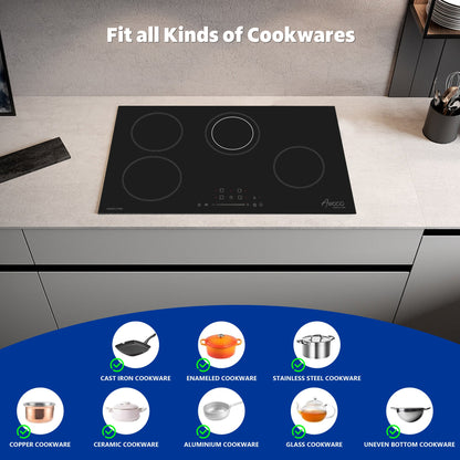 Awoco Ceramic Cooktop, Electric Stove with Burners with hard wire, 9 Power Levels Digital Timer Child Lock, Residual Heat Indicator, Automatic Shut-Off Easy Clean Touch Panel, 220-240V - CT-4C30