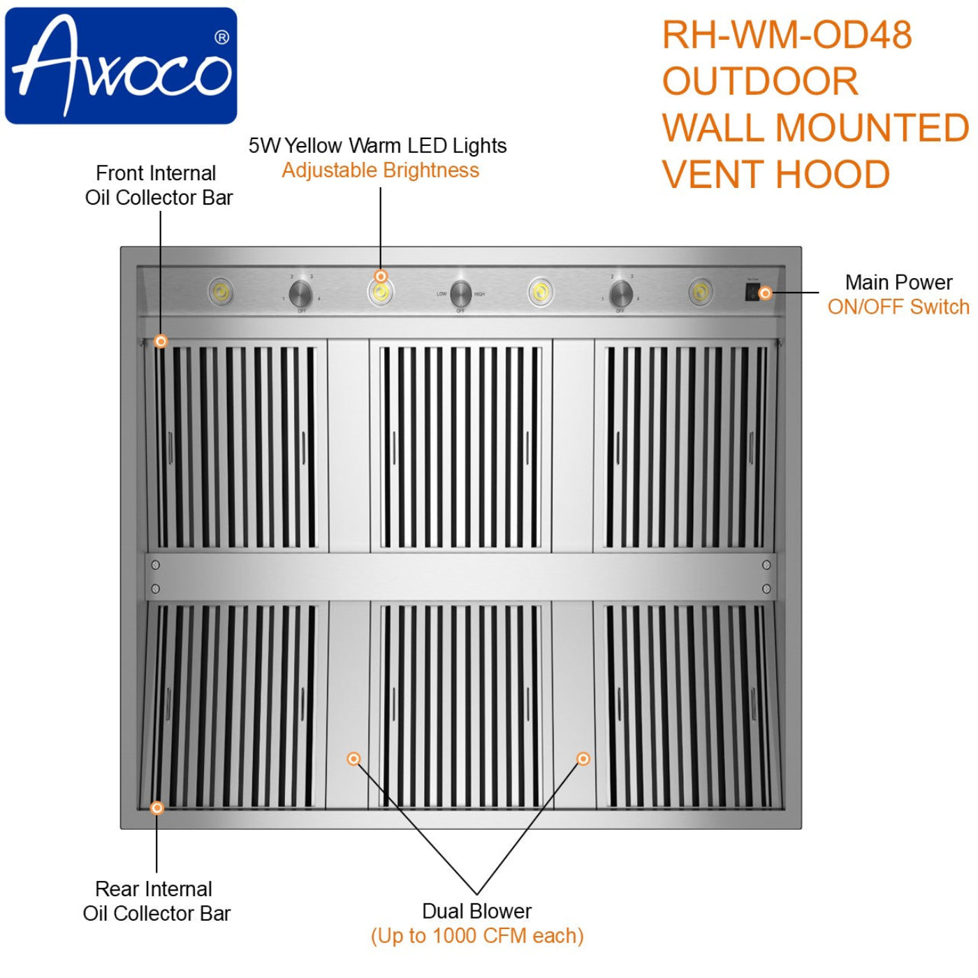 Awoco 48” Outdoor BBQ Wall Mount Vent Hood Type 304 Stainless Steel, 4 Speeds 2000 CFM, Dual Blowers, Adjustable LED Lights, 2 x 8” Round Top Vents - AWC-RH-WM-OD48