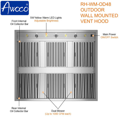 Awoco 48” Outdoor BBQ Wall Mount Vent Hood Type 304 Stainless Steel, 4 Speeds 2000 CFM, Dual Blowers, Adjustable LED Lights, 2 x 8” Round Top Vents - AWC-RH-WM-OD48