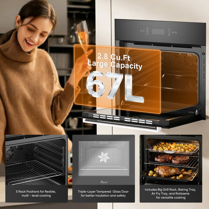 Awoco 24” Built-in Electric Oven, 2.37 Cu ft. Single Wall Oven with 11 Cooking Modes, 360° Rotating Rotisserie, 3440W, Touch Control, LCD Display, Timer, Stainless Steel Wall Oven for Kitchen - AWC-EO-TC11-AF