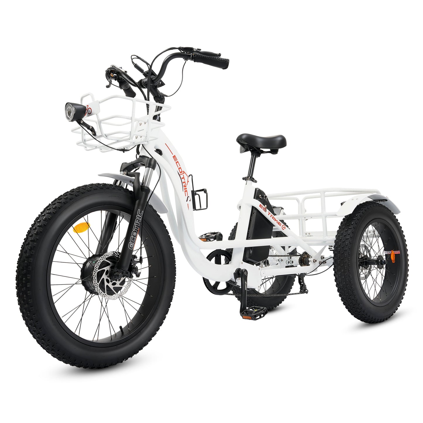 Ecotric 48V 24"x4.0 Front 20"x4.0 Rear Tires Tricycle electric bike with Front Basket + Rear Rack White - EST-W+EB-005-EC