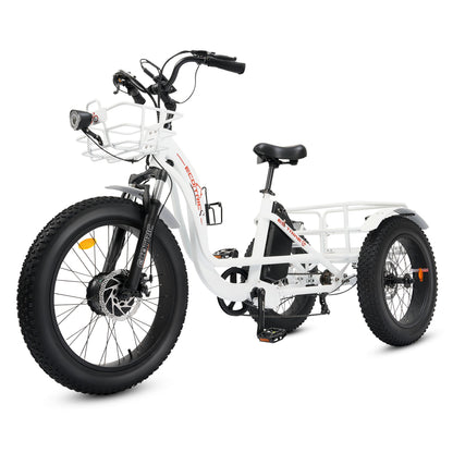 Ecotric 48V 24"x4.0 Front 20"x4.0 Rear Tires Tricycle electric bike with Front Basket + Rear Rack White - EST-W+EB-005-EC