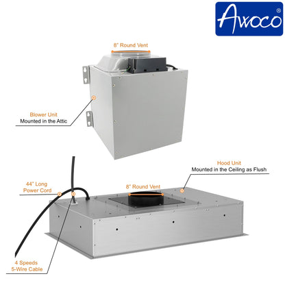AWOCO  RH-IT08-CR Ceiling Mount Range Hood  Split Insert - 1000 CFM & 8" Vent - RH-IT08-CR30