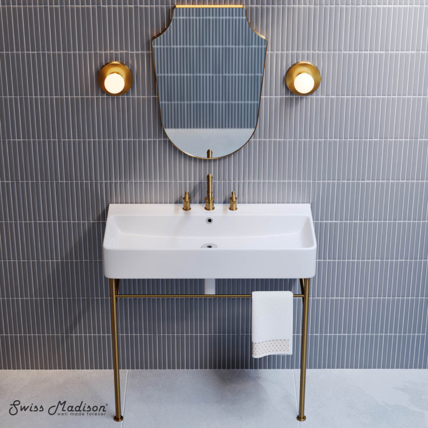 Swiss Madison Carre 36" Console Sink White Basin Brushed Gold Legs with 8" Widespread Holes - SM-CS723BG-3