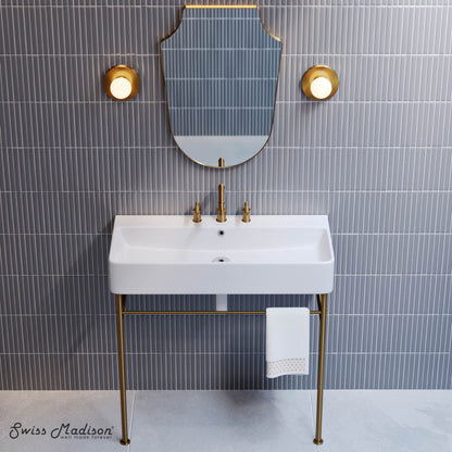Swiss Madison Carre 36" Console Sink White Basin Brushed Gold Legs with 8" Widespread Holes - SM-CS723BG-3