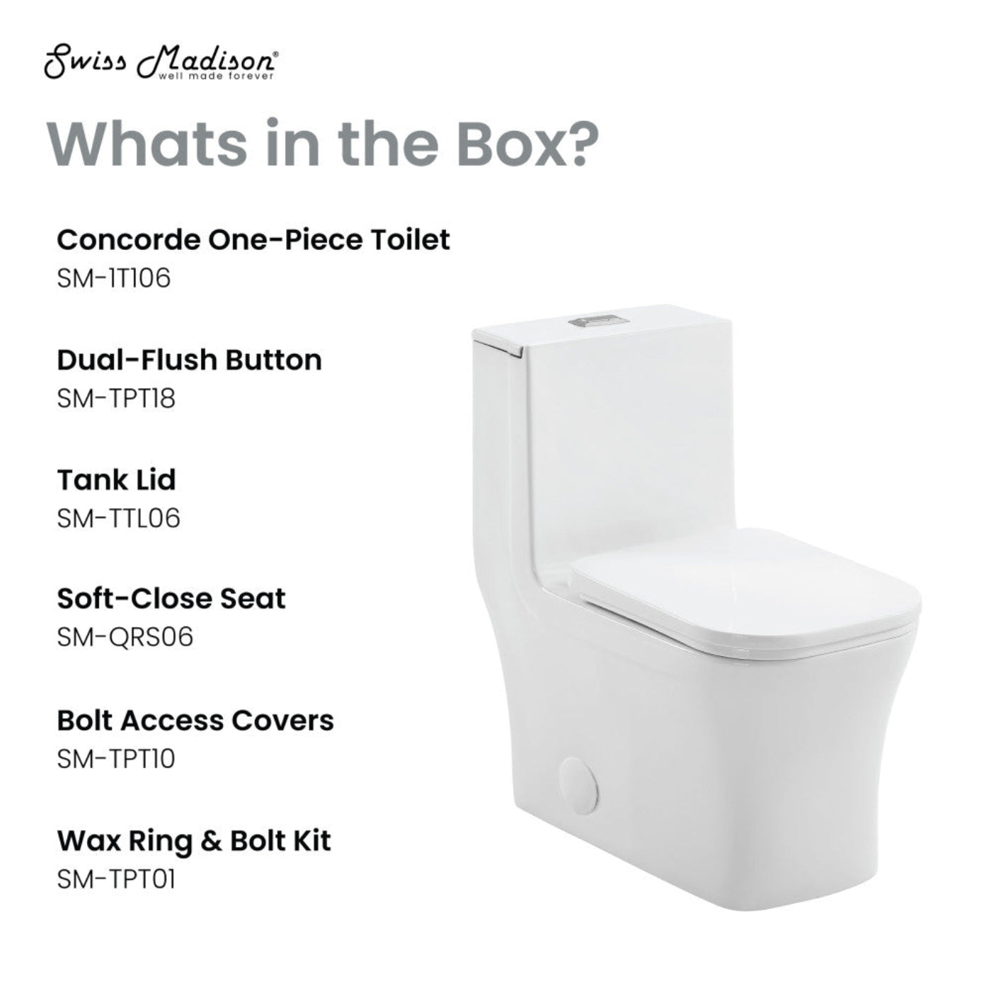 Swiss Madison Concorde One-Piece 12" Rough-in 1.1/1.6 GPF Dual Top Flush Square Toilet in Glossy White - SM-1T106