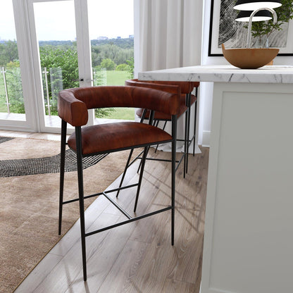 Butler Specialty Company Dallas Leather and Iron cushioned 28.5"" Bar Stool, Medium Brown  - 5618344