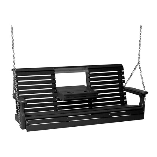 LuxCraft 5' Plain Poly Outdoor Porch Swing With Flip Down Center Console - 5PPSBK