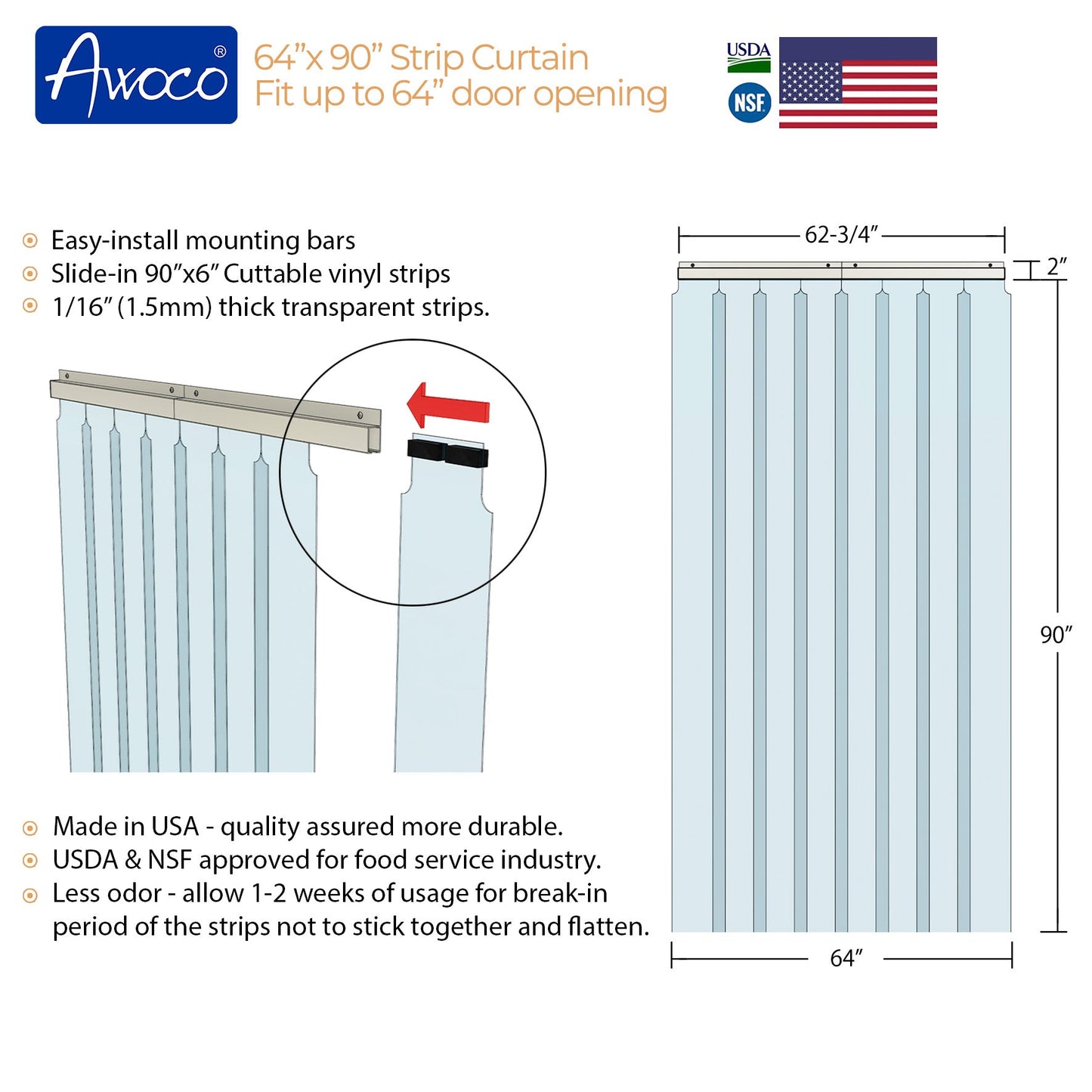 AWOCO Vinyl Strip Curtain Kit 64x90 - Slide-in Strips - Awoco - KSN-STRIPCURTAIN-6490