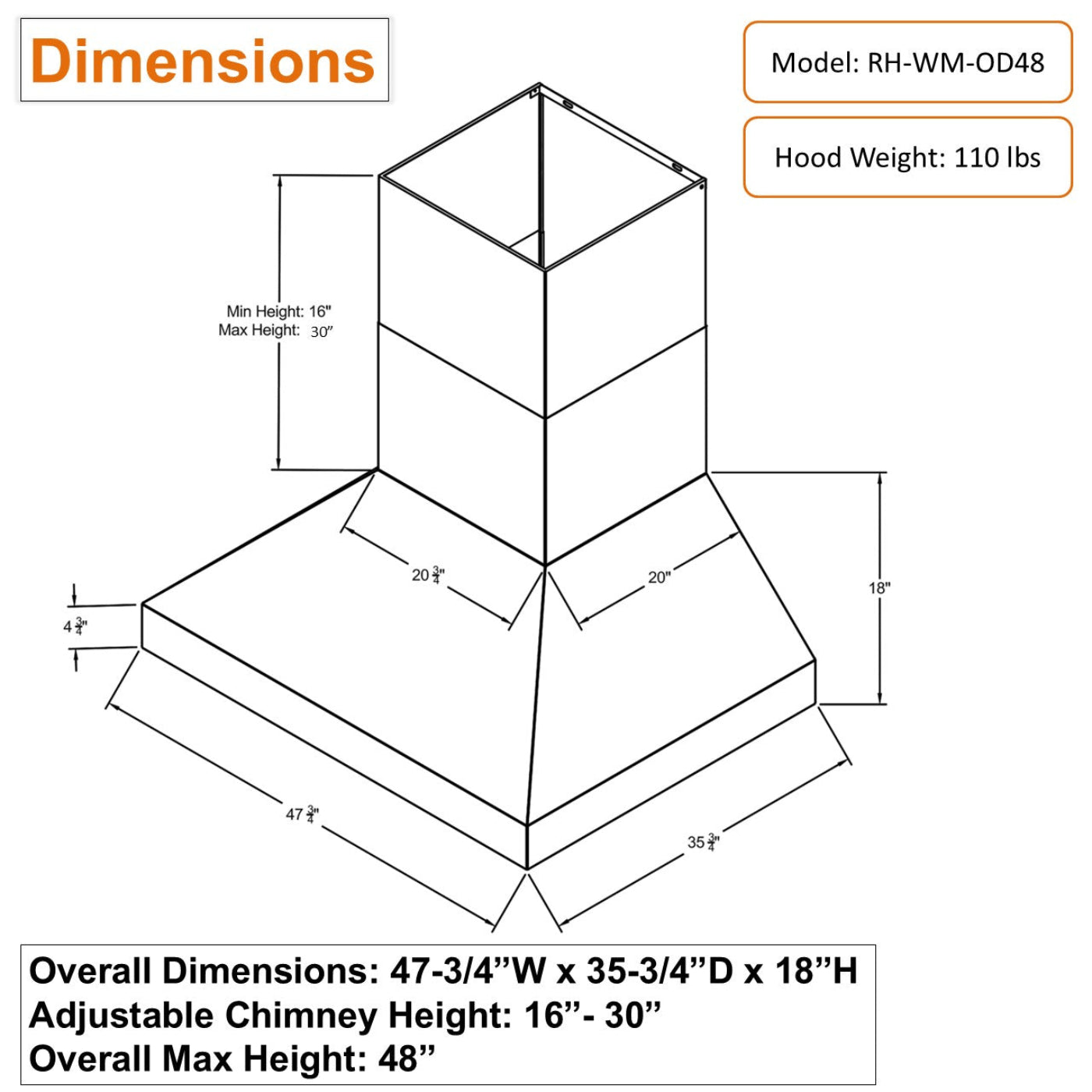 Awoco 48” Outdoor BBQ Wall Mount Vent Hood Type 304 Stainless Steel, 4 Speeds 2000 CFM, Dual Blowers, Adjustable LED Lights, 2 x 8” Round Top Vents - AWC-RH-WM-OD48