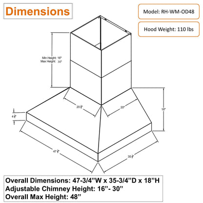 Awoco 48” Outdoor BBQ Wall Mount Vent Hood Type 304 Stainless Steel, 4 Speeds 2000 CFM, Dual Blowers, Adjustable LED Lights, 2 x 8” Round Top Vents - AWC-RH-WM-OD48