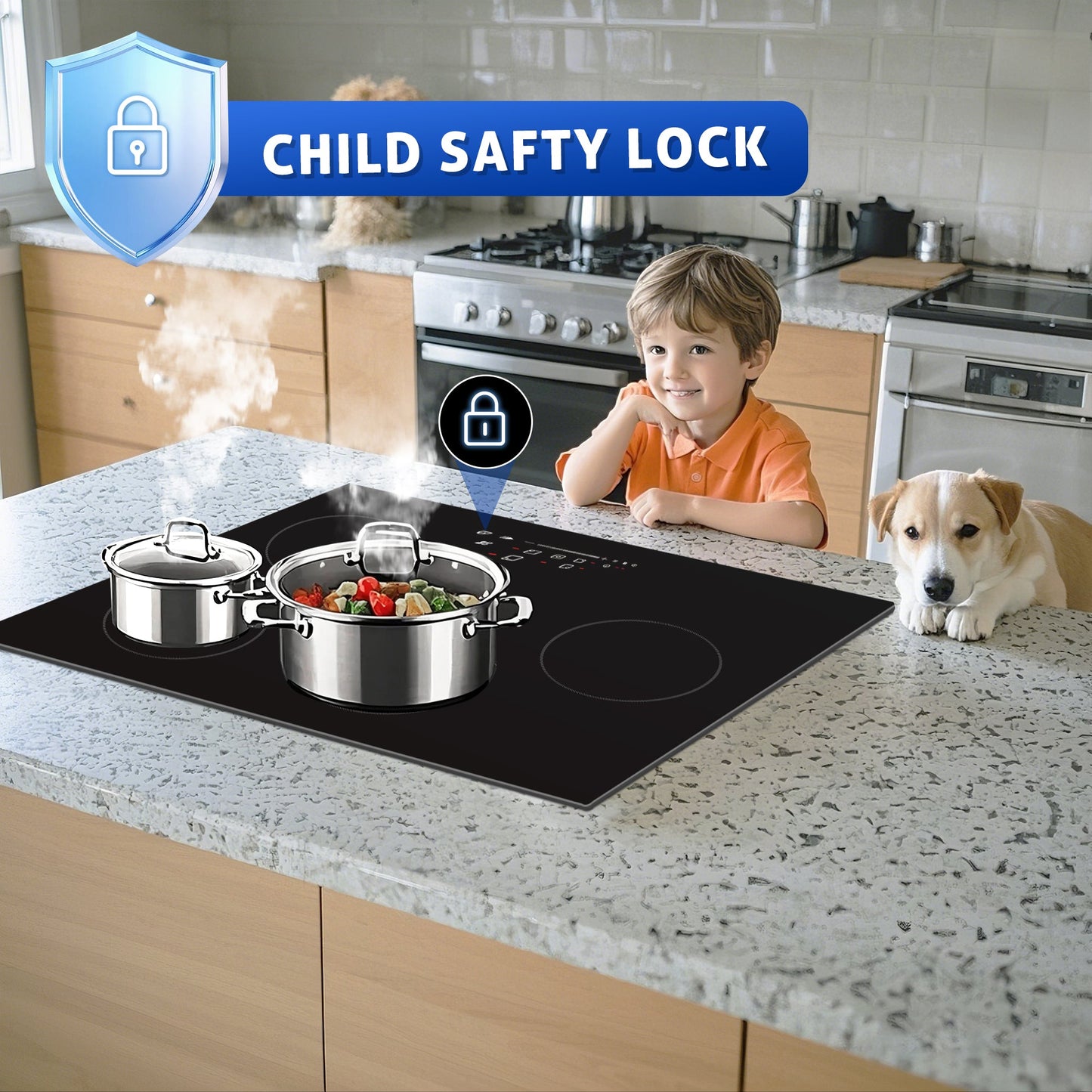 Awoco Ceramic Cooktop, Electric Stove with Burners with hard wire, 9 Power Levels Digital Timer Child Lock, Residual Heat Indicator, Automatic Shut-Off Easy Clean Touch Panel, 220-240V - CT-4C30