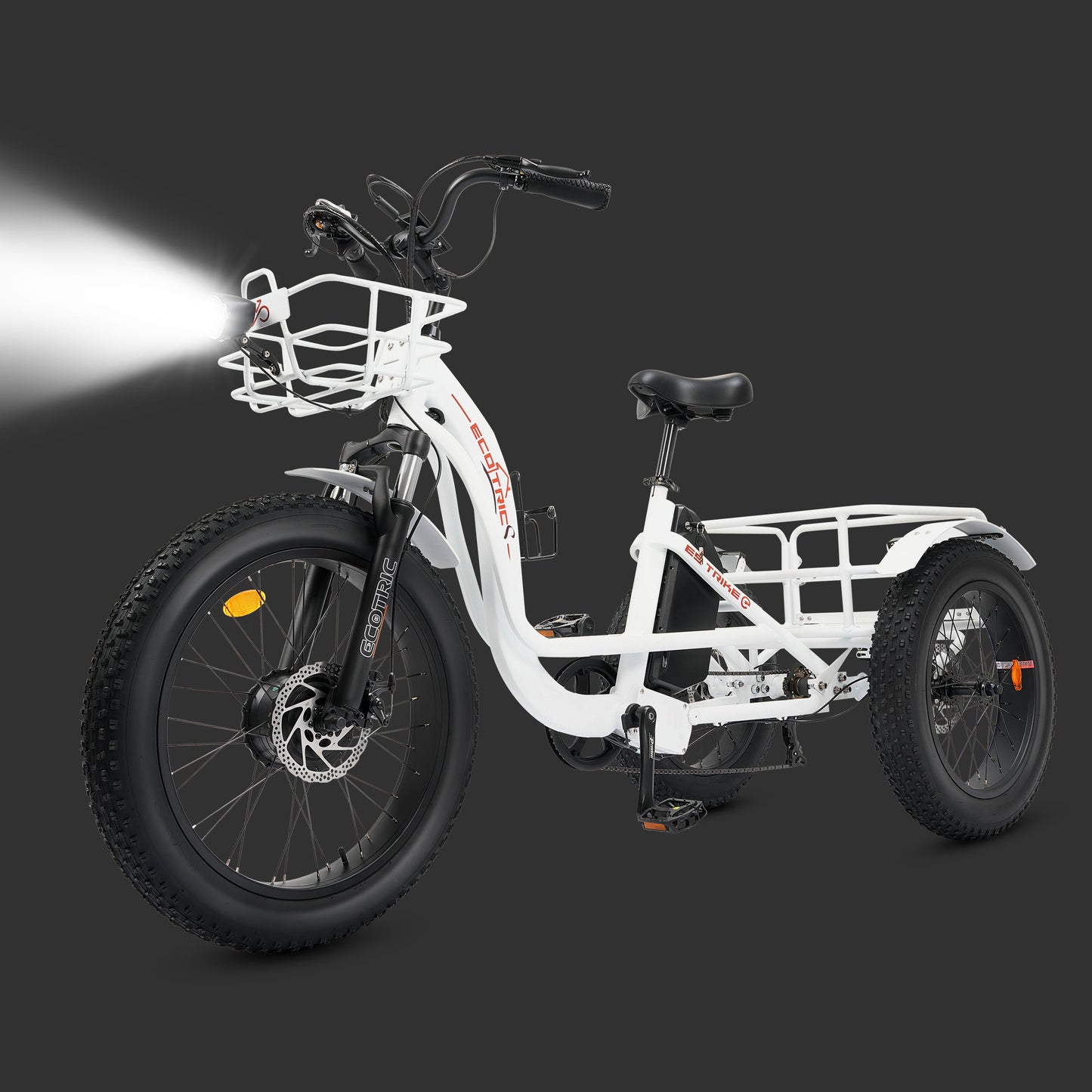 Ecotric 48V 24"x4.0 Front 20"x4.0 Rear Tires Tricycle electric bike with Front Basket + Rear Rack White - EST-W+EB-005-EC