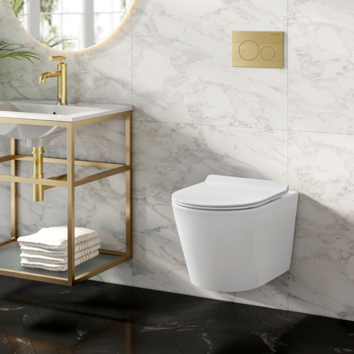 Swiss Madison Calice Wall-Hung Toilet Bundle 0.8/1.6 GPF Dual Flush in Glossy White with Brass Flush Plate - SM-WT2302GW