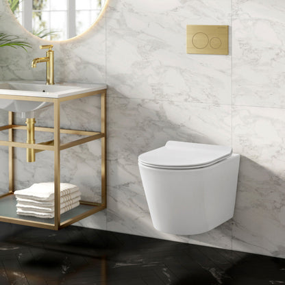 Swiss Madison Calice Wall-Hung Toilet Bundle 0.8/1.6 GPF Dual Flush in Glossy White with Brass Flush Plate - SM-WT2302GW