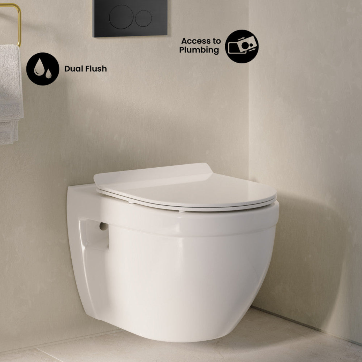 Swiss Madison Ivy Wall-Hung Toilet Bundle 0.8/1.6 GPF Dual Flush in Glossy White with Black Flush Plate - SM-WT0903GW