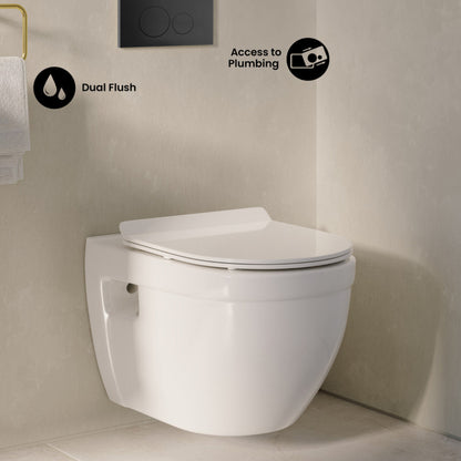 Swiss Madison Ivy Wall-Hung Toilet Bundle 0.8/1.6 GPF Dual Flush in Glossy White with Black Flush Plate - SM-WT0903GW