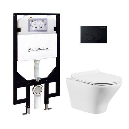 Swiss Madison Monaco Wall-Hung Toilet Bundle 0.8/1.6 GPF Dual Flush in Glossy White with Black Flush Plate - SM-WT1003GW