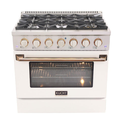 Kucht Signature 36 In. 5.2 cu ft. Natural Gas Range with White Door and Gold Accents - KNG361-W-GOLD