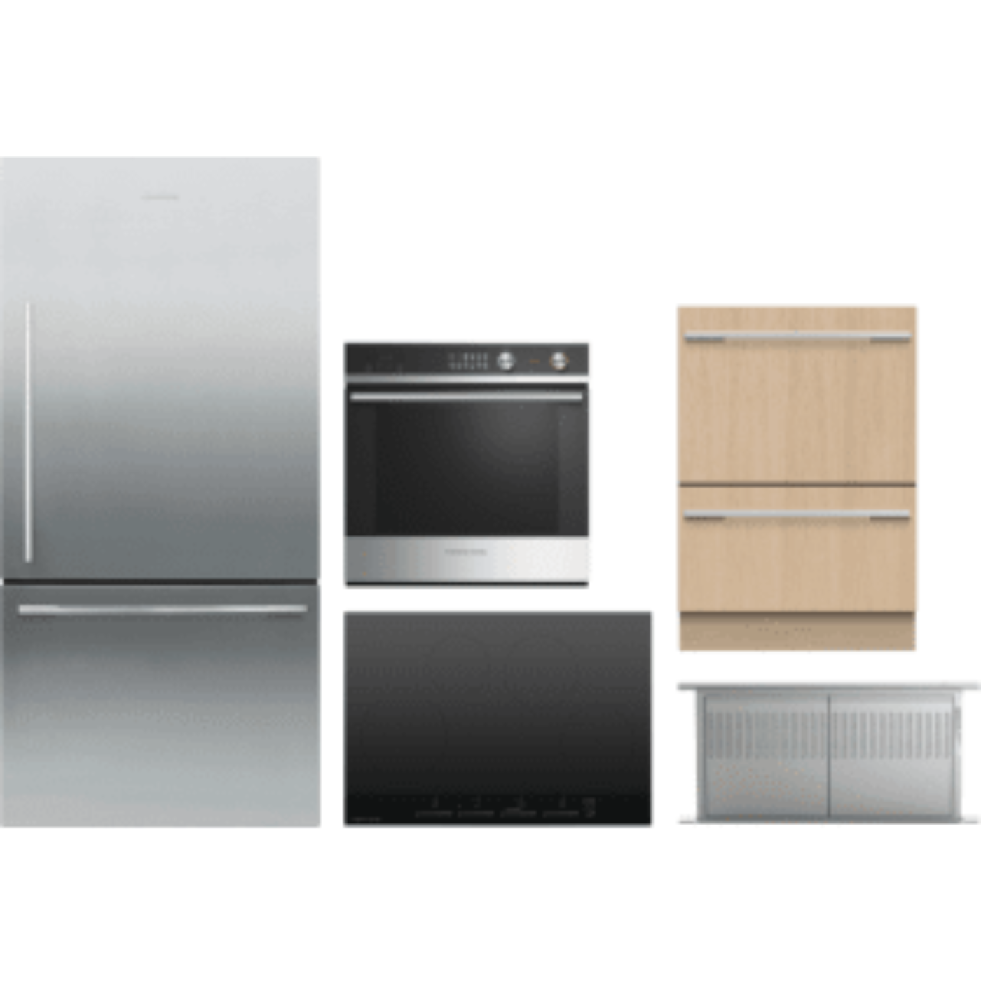 Fisher & Paykel 5-Piece Package 32 Freestanding Bottom Mount and Cooktop and 24 Electric Wall Oven and HD30 30 Downdraft Hood and 24 Integrated Panel-Ready Double DishDrawer wi - CI304DTB4