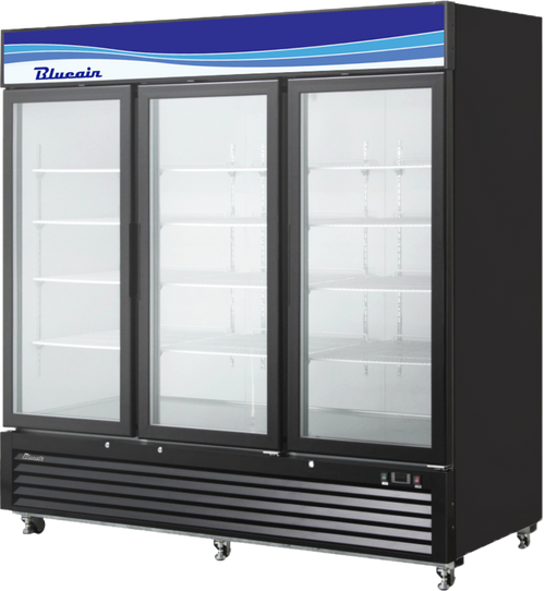Blue Air BKGM72B-HC | 82" Wide 3 Swing Door Black Merchandiser Refrigerator - BKGM72B-HC