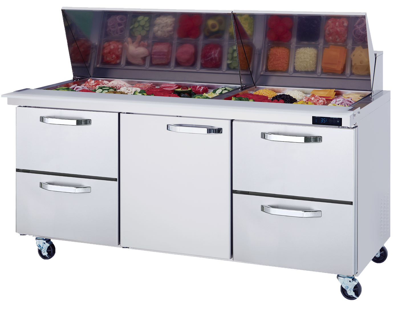 Blue Air BLMT72-D4RL-HC | 72" Wide 4 Drawer Mega Top Sandwich Prep Table - BLMT72-D4RL-HC