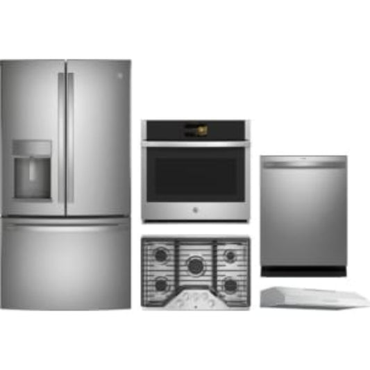 GE Appliances Profile 5-Piece Package 36 Counter-Depth French-Door and 30 Gas Cooktop and 30 Smart Single Wall Oven and 24 Integrated Smart Dishwasher and 30 Under Cabinet Range Hood - PDT715SYVFS