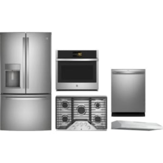 GE Appliances Profile 5-Piece Package 36 Counter-Depth French-Door and 30 Wall Oven and 36 Cooktop and 36 Under Cabinet Hood and 24 Integrated Dishwasher - GeAppliances-PYE22KYNFS-PTS7000SNSS-PGP7036SLSS-PVX7360SJSS-PDT715SYVFS