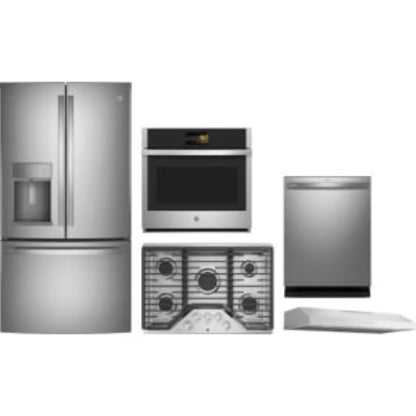 GE Appliances Profile 5-Piece Package 36 Counter-Depth French-Door and 30 Wall Oven and 36 Cooktop and 36 Under Cabinet Hood and 24 Integrated Dishwasher - GeAppliances-PYE22KYNFS-PTS7000SNSS-PGP7036SLSS-PVX7360SJSS-PDT715SYVFS