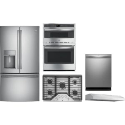 GE Appliances Profile 5-Piece Package 36 French-Door and 36 Built-In Gas Cooktop and 30 Combination Wall Oven and 24 Integrated Smart Dishwasher and 36 Under Cabinet Smart Range Hood - GeAppliances-PFE28KYNFS-PGP7036SLSS-PT7800SHSS-PDT715SYVFS-PVX7360SJSS