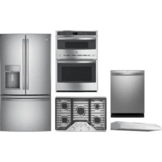 GE Appliances Profile 5-Piece Package 36 French-Door and 36 Built-In Gas Cooktop and 30 Combination Wall Oven and 24 Integrated Smart Dishwasher and 36 Under Cabinet Smart Range Hood - GeAppliances-PFE28KYNFS-PGP7036SLSS-PT7800SHSS-PDT715SYVFS-PVX7360SJSS
