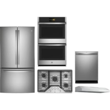 GE Appliances Profile 5-Piece Package 36 Counter-Depth French-Door and 36 Cooktop and 30 Convection Double Wall Oven and 24 Integrated Dishwasher and 36 Under Cabinet Hood - GeAppliances-PWE23KYNFS-PGP7036SLSS-PTD7000SNSS-PDT715SYVFS-PVX7360SJSS